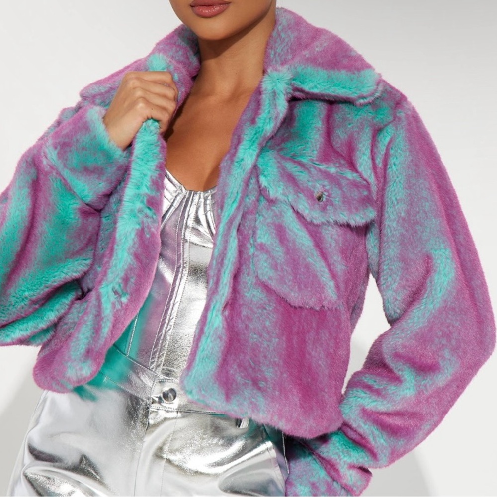 Blue and pink faux fur coat